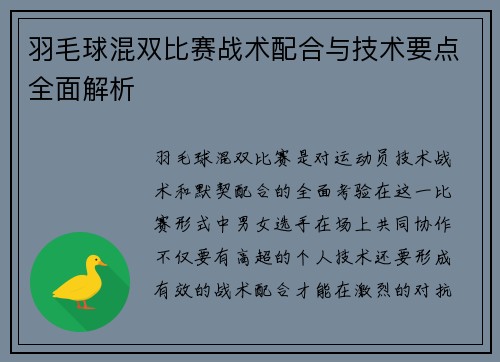 羽毛球混双比赛战术配合与技术要点全面解析
