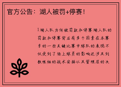 官方公告：湖人被罚+停赛！